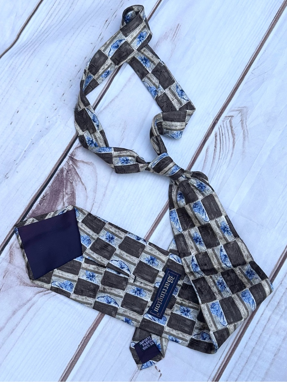 Vintage Barrington Plaid 100% Silk Tie in Brown, Blue and Cream